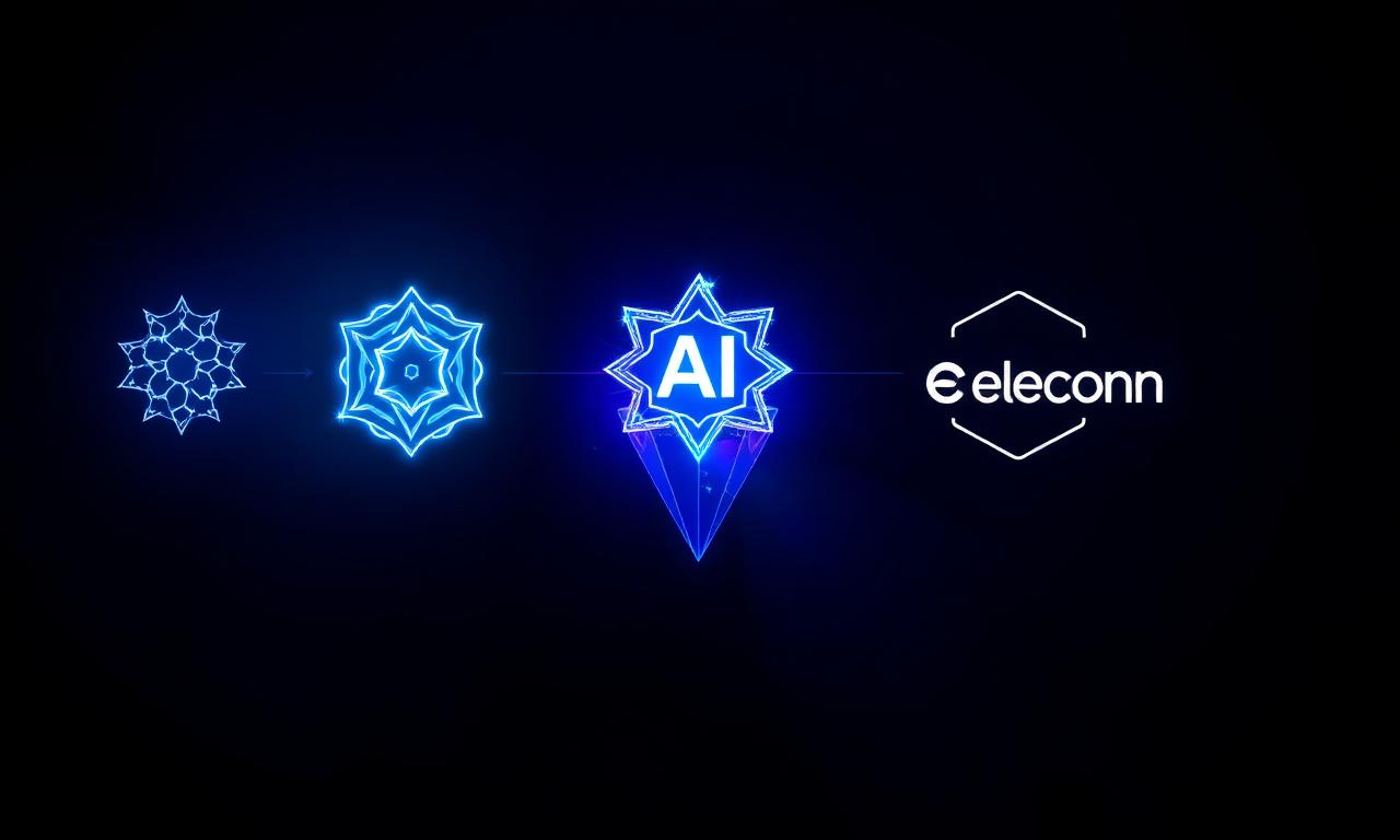 Five luminous engine badges connected by light beams to a central brand crystal