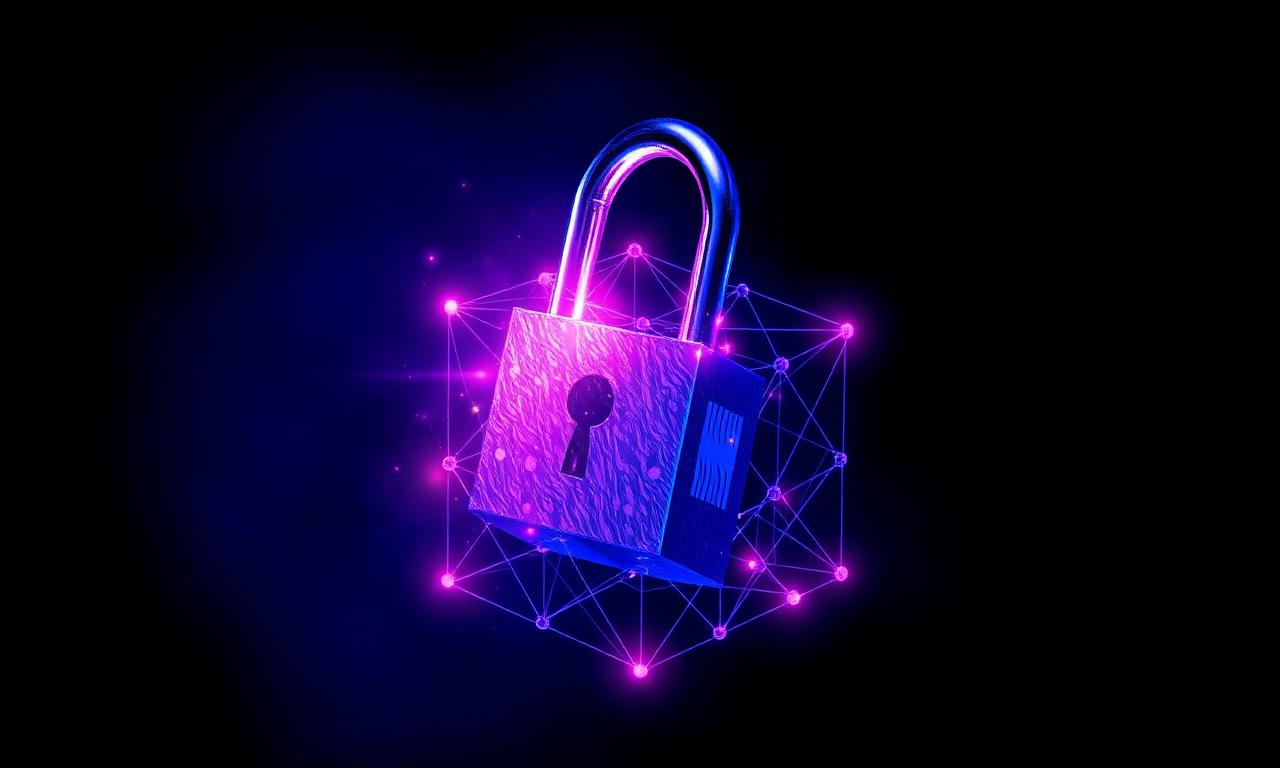 A classical padlock dissolving into a glowing post-quantum lattice cube