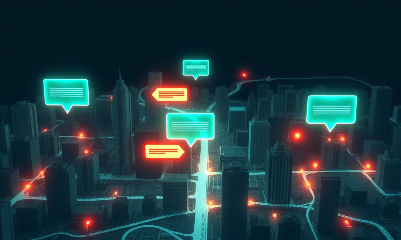 A futuristic skyline made of glowing data blocks and floating answer cards